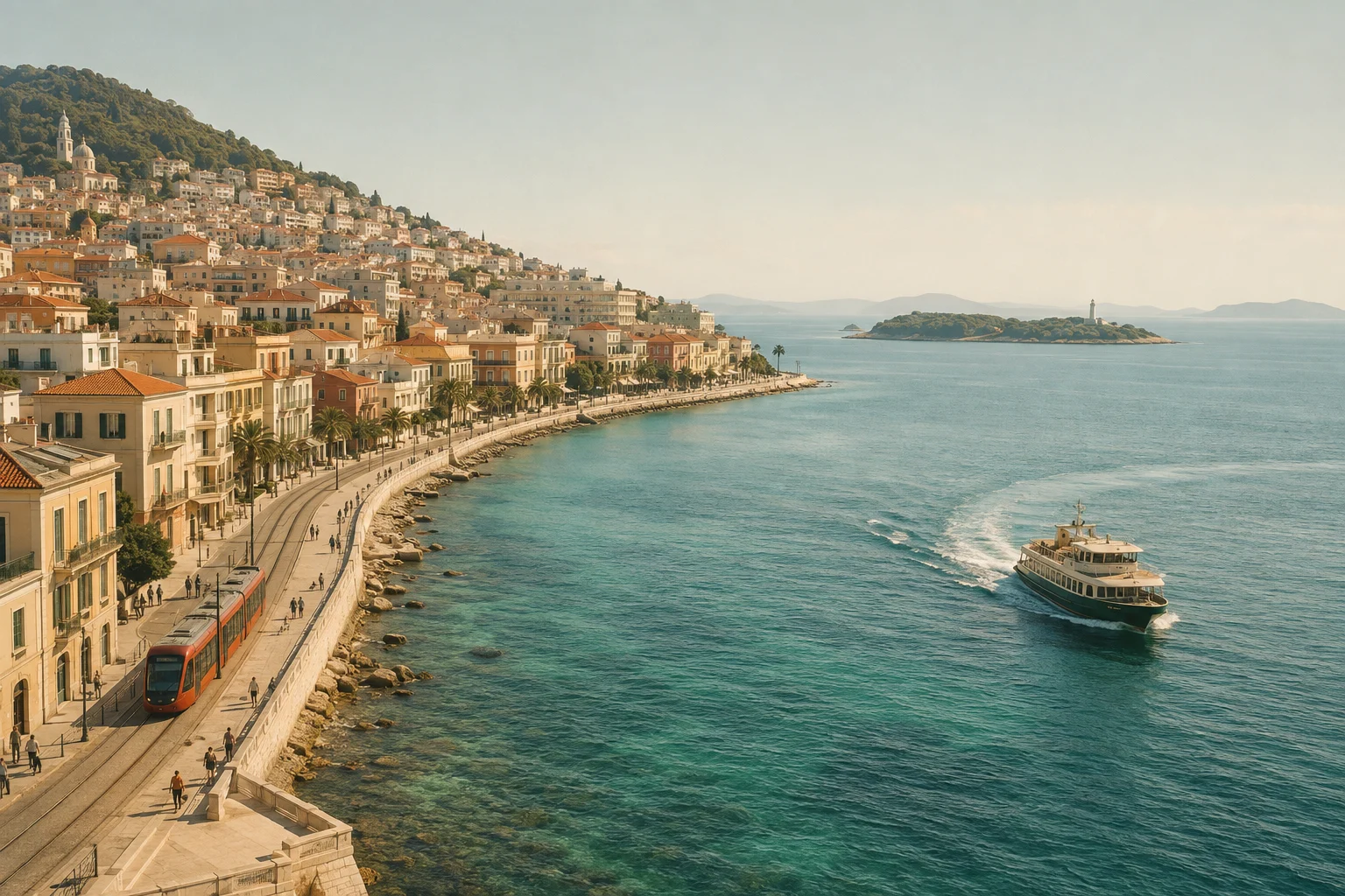 An orange tram follows Velora’s stone waterfront while a green ferry crosses the turquoise eastern sound.