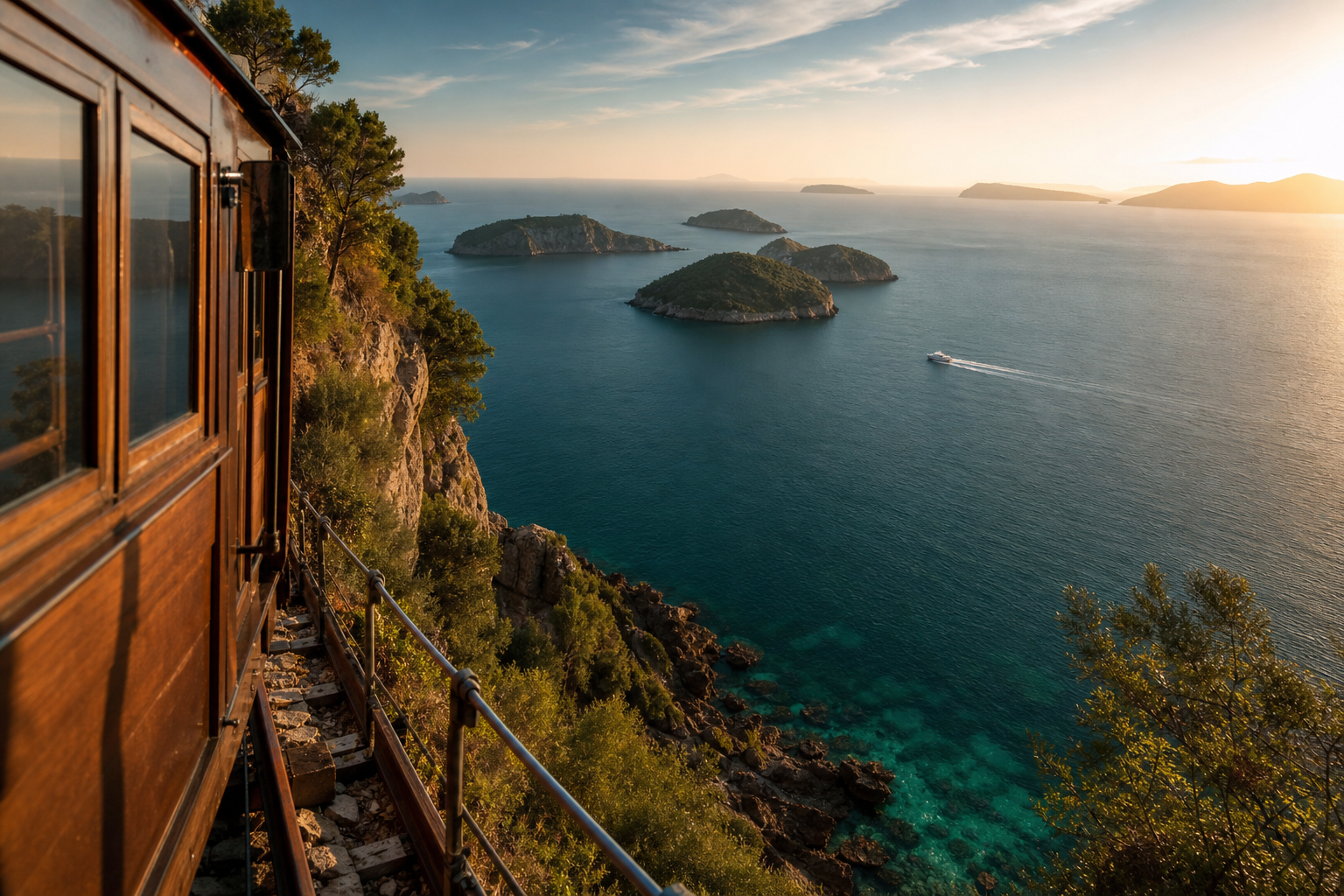 View from a cliffside tram over teal water and green outer islands