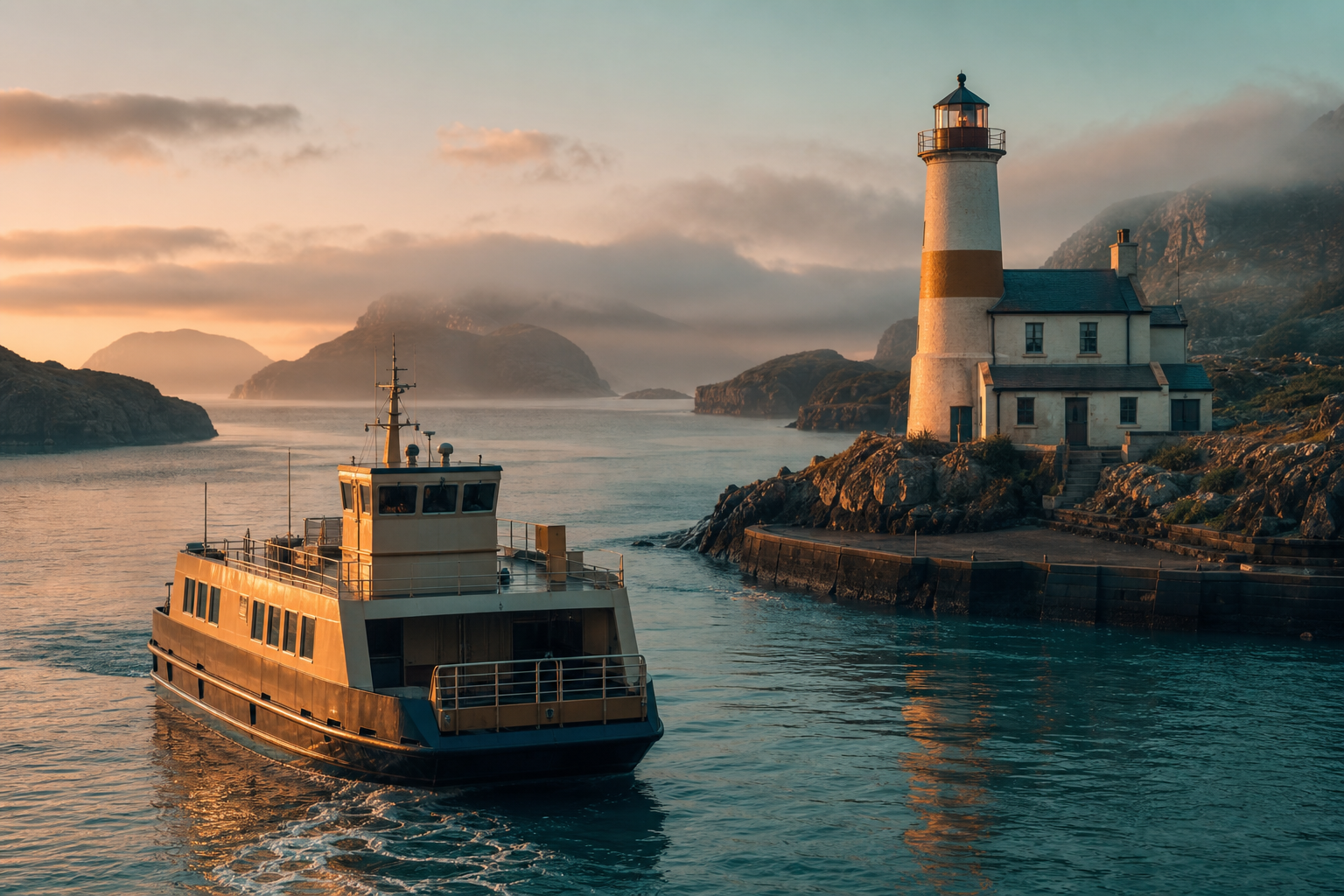 Ferry approaching a small island harbour with a cream and amber lighthouse