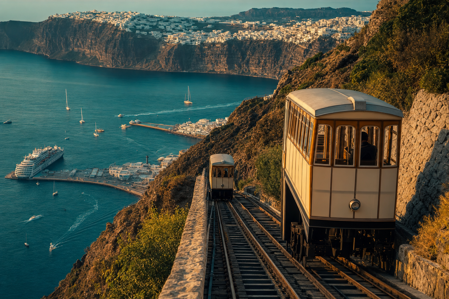 Glass Ascent funicular climbing the volcanic cliff above the harbour