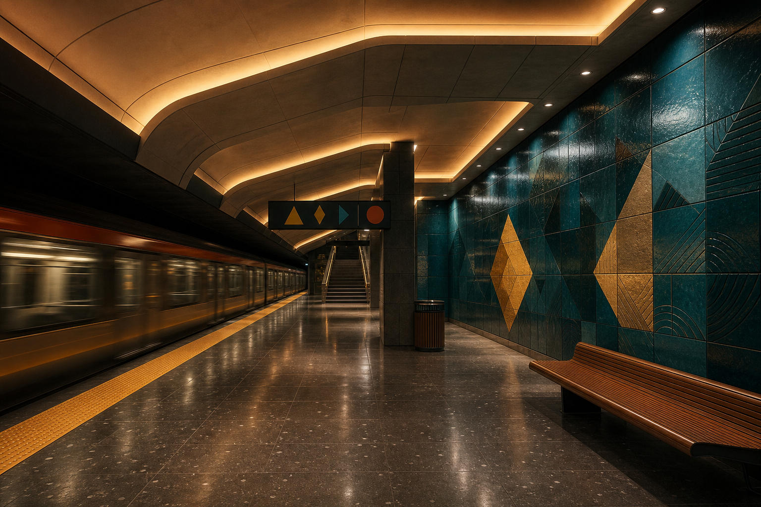 Amber-lit metro platform with teal tiled walls at a Virelda underground station