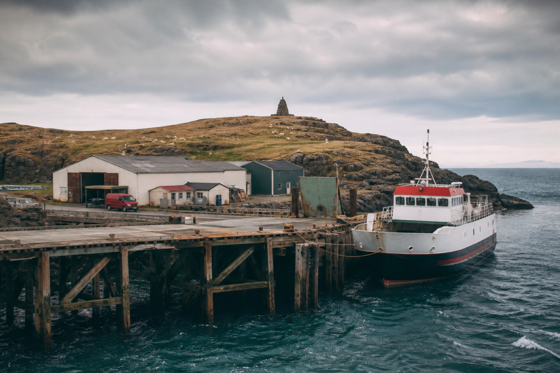Timber ferry wharf on Cairnmoor with a crimson-trimmed municipal ferry alongside.