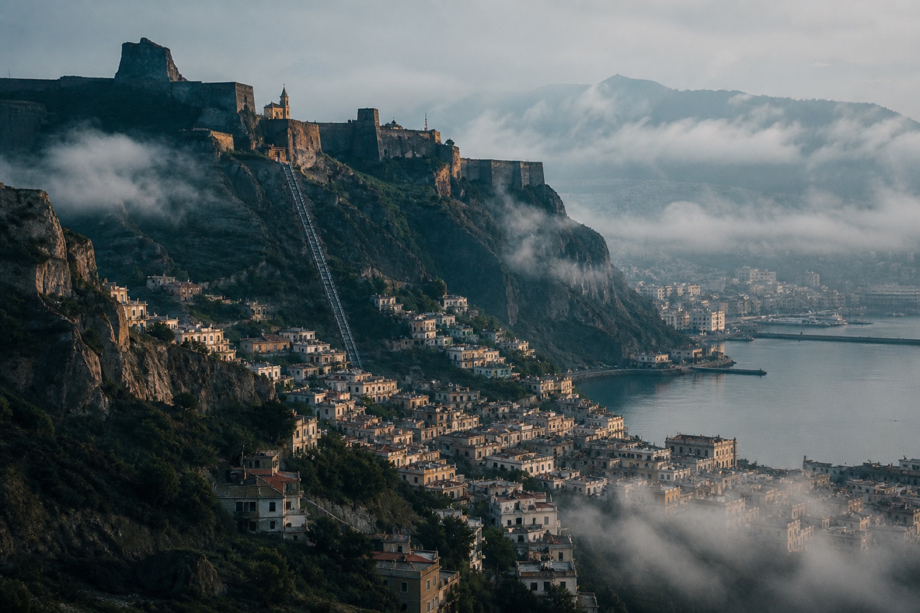 The basalt citadel on the ridge above the stepped harbour city.