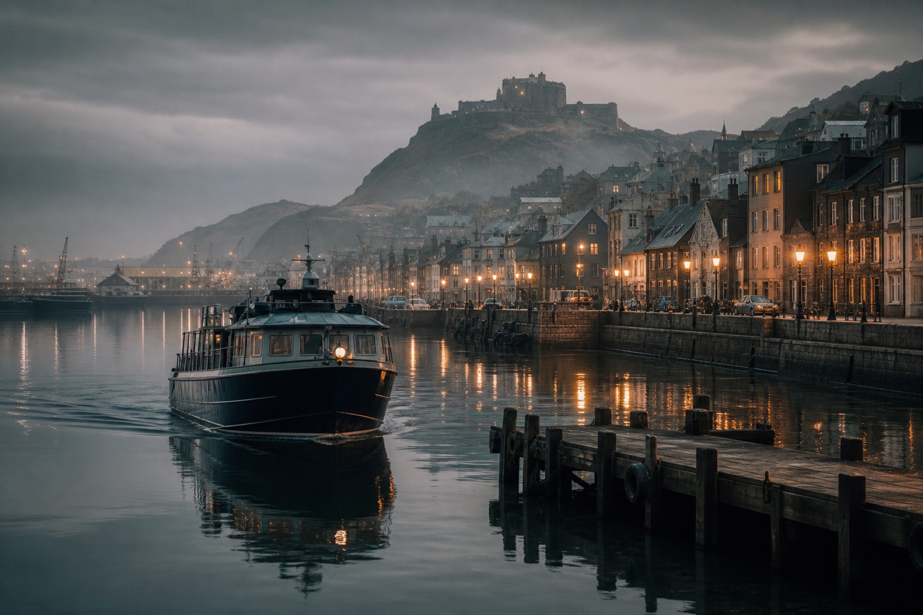 Havenstep at dusk, the harbour water holding the lantern light like hammered glass, with a municipal ferry coming alongside.