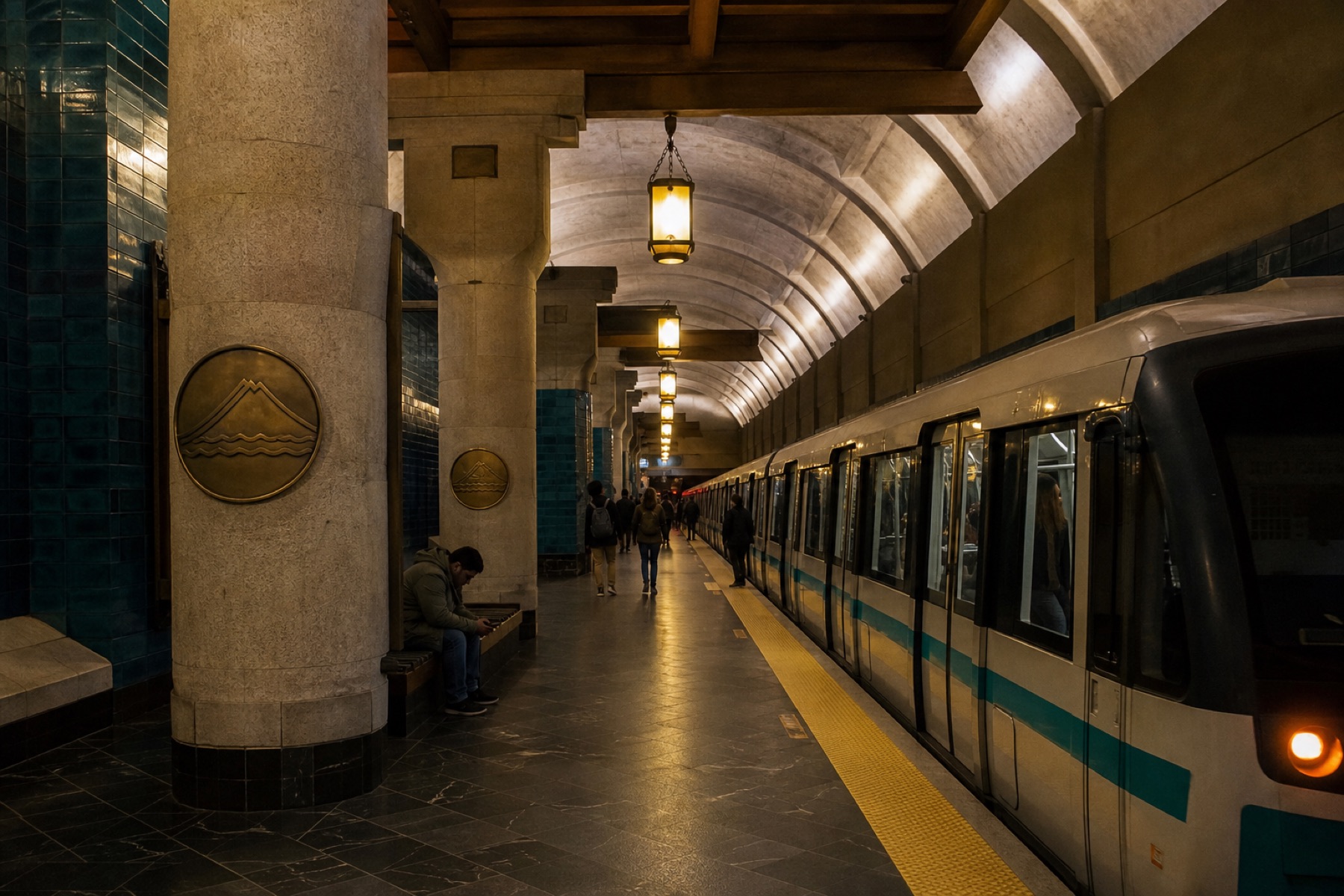 The teal-tiled metro concourse at Highmarket, with amber lamps and a train at the platform.