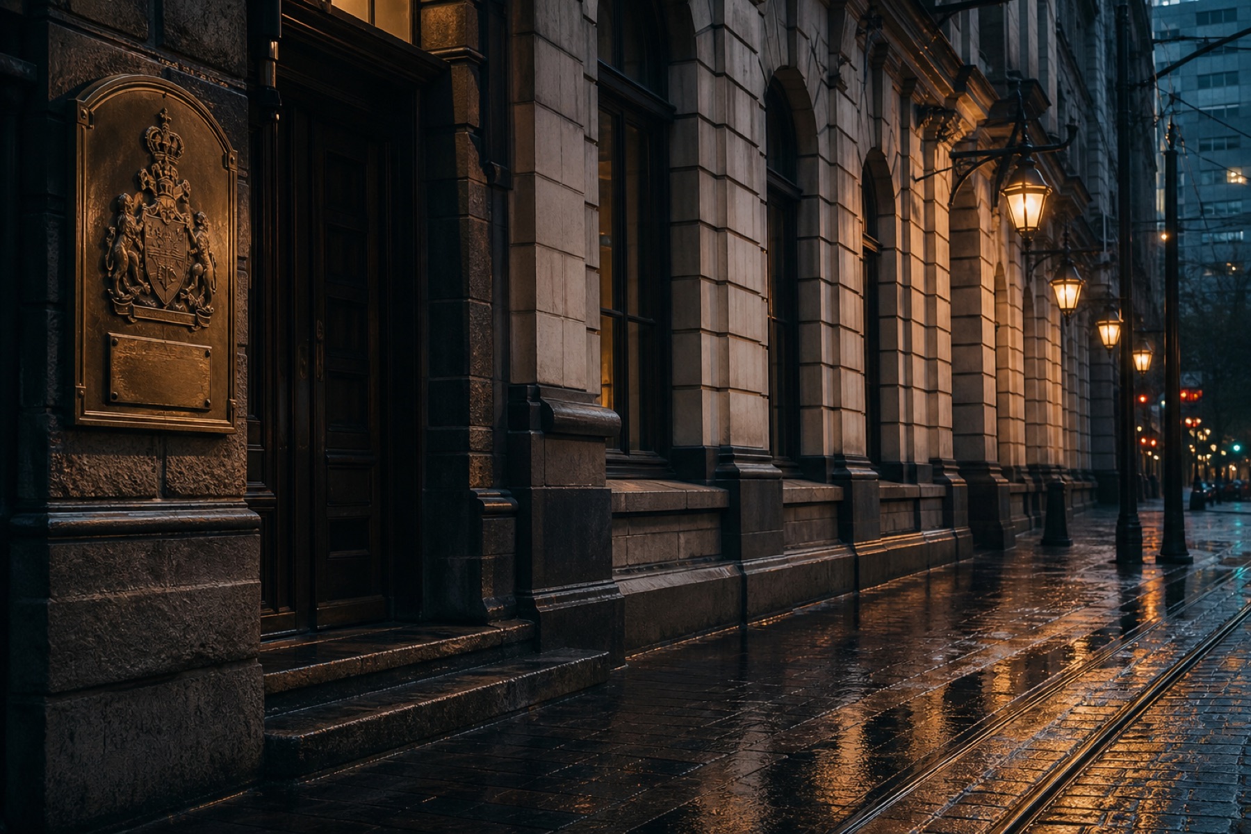 Reiskar House on Lantern Row, a basalt and limestone civic building on wet cobbles at evening.