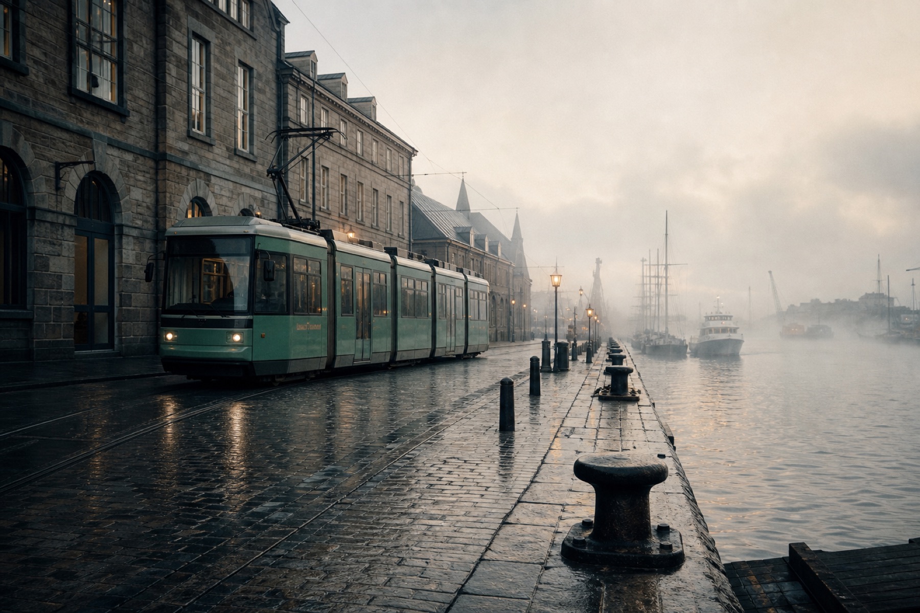 A sea-glass green Shore Tram running the wet cobbles of the east waterfront in morning mist.