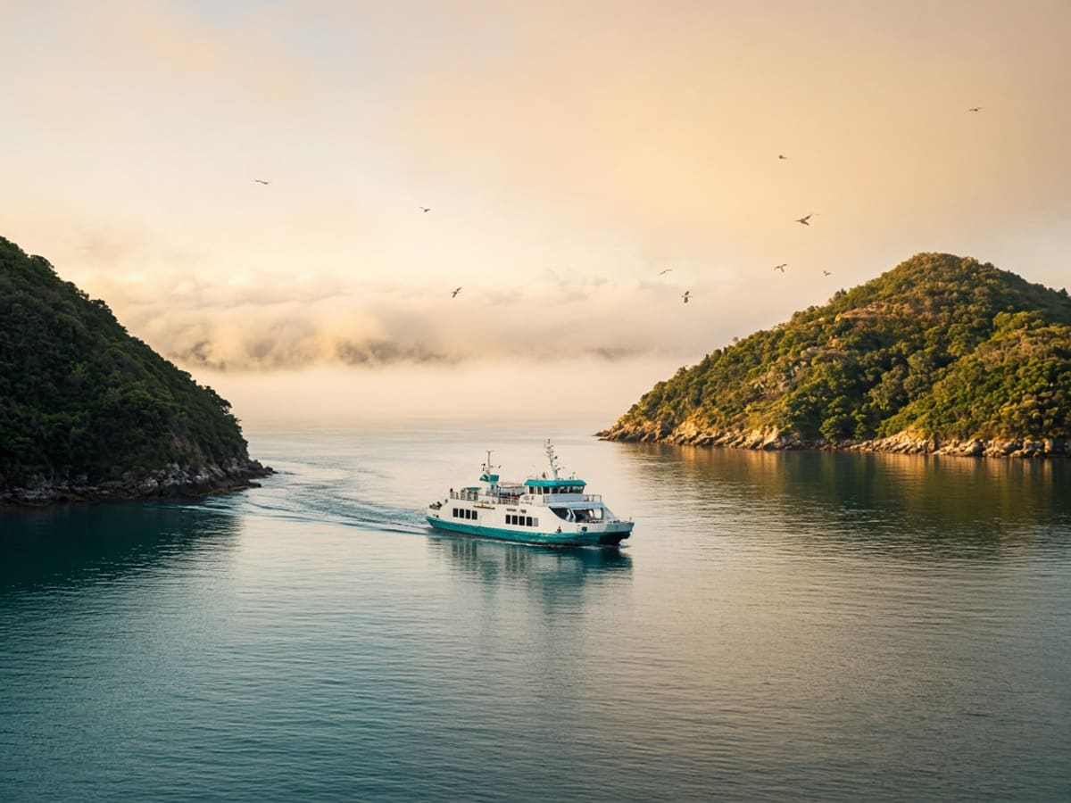 A white and teal VIT ferry crossing the misty sound between green islands