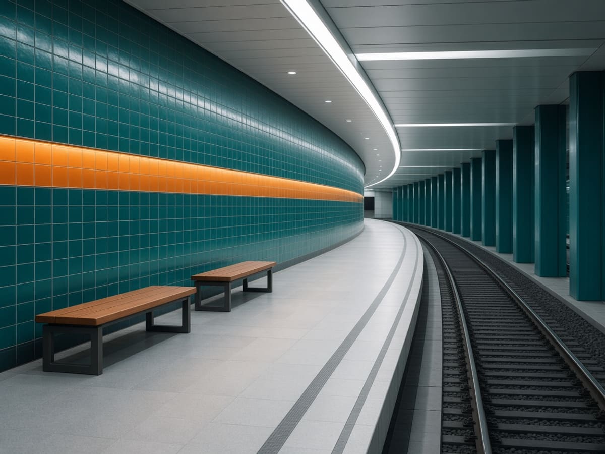 The tiled platform of a Velmara metro station in teal and amber