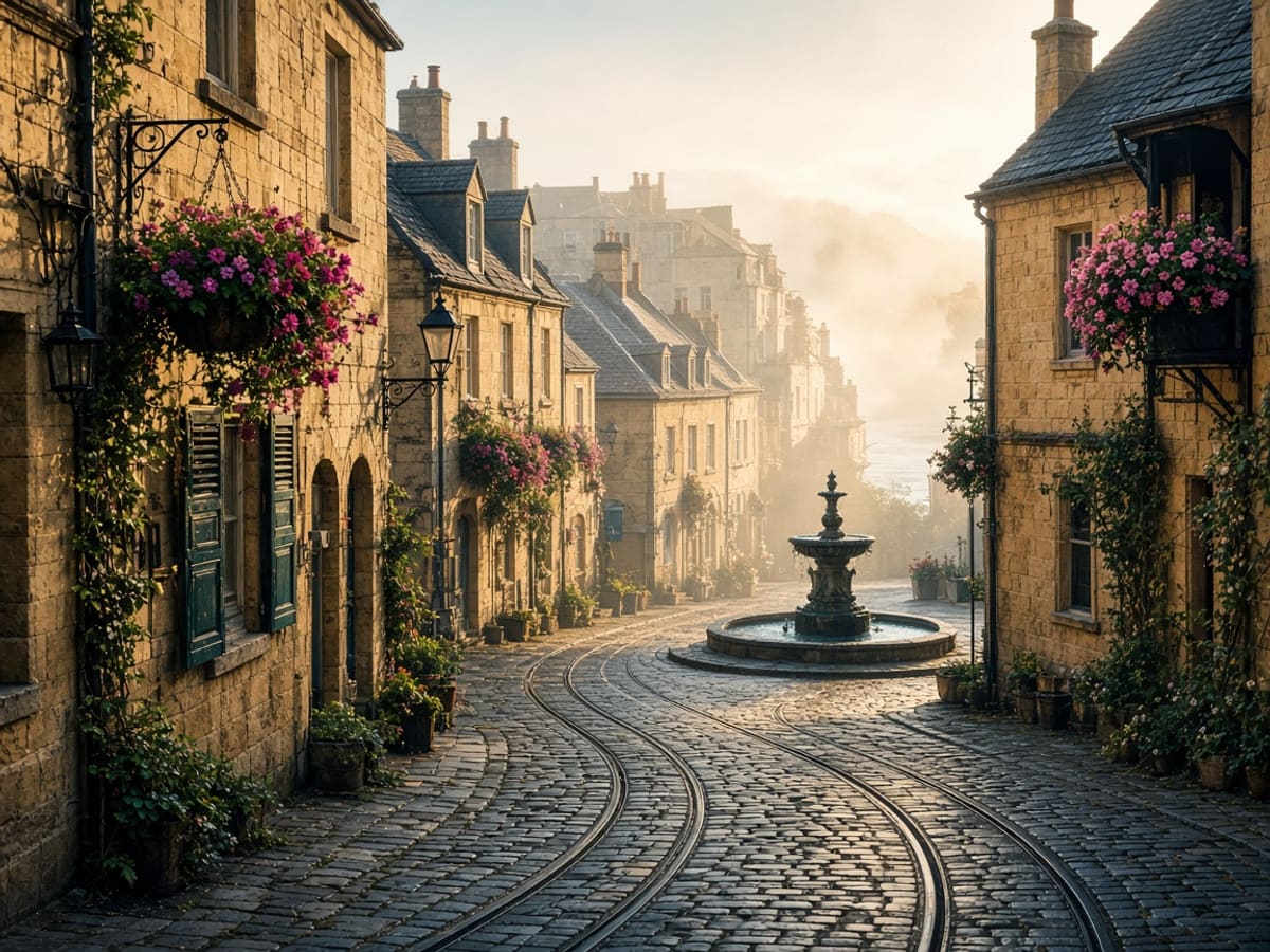 Tram tracks curving through the honey-stone streets of Velmara's old town at dawn