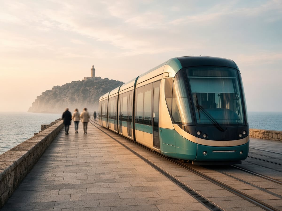 A teal and cream VIT tram gliding along the stone seafront promenade toward the lighthouse